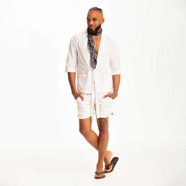 Jet White Kimono Shirt and Patch Pocket Shorts Set
